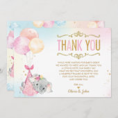 ベビーガールエレファントバルーンベビーシャワーが散る サンキューカード (正面/裏面)