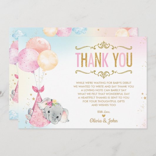 ベビーガールエレファントバルーンベビーシャワーが散る サンキューカード (正面/裏面)