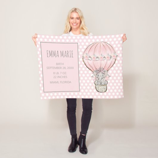 ベビーガールエレファントバルーン誕生のお知らせ フリースブランケット (インサイチュ)