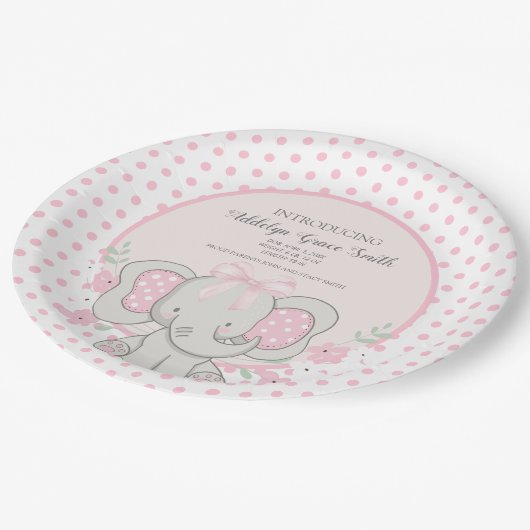 ベビーガールエレファントピンク水玉模様園区シーシャワー ペーパープレート (アングル)