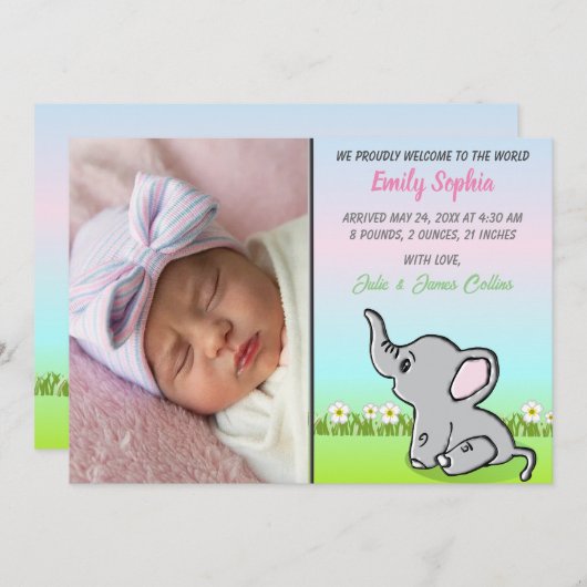 ベビーガールエレファントフラットアナウンスメントカード 案内状 (正面/裏面)