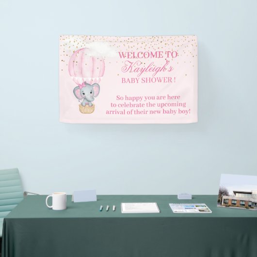 ベビーガールエレファントホットエアバルーン赤ちゃんシャワー 横断幕 (トレードショー)