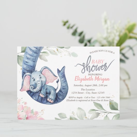ベビーガールエレファント葉フローラベビーシャワー 招待状 (スタンド正面)