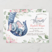 ベビーガールエレファント葉フローラベビーシャワー 招待状 (正面/裏面)