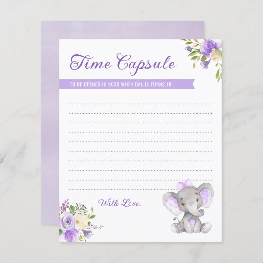 ベビーガールエレファント1st誕生日タイムカプセルカード (正面/裏面)