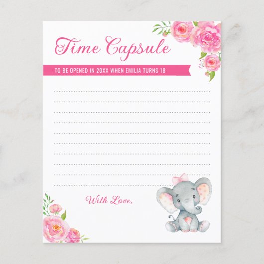 ベビーガールエレファント1st誕生日タイムカプセルカード (正面)