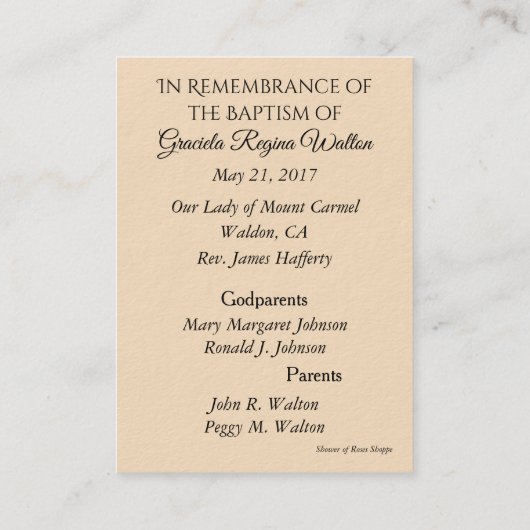 ベビーガールエンジェルバプティスマル記念神聖カード 名刺 (裏面)