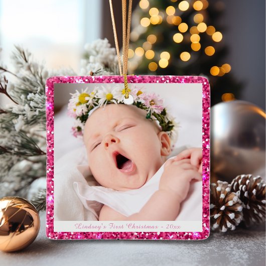 ベビーガールカスタムマイ初めてのクリスマスピンクグリッター セラミックオーナメント