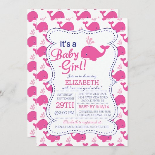 ベビーガールクジラの赤ちゃん航海のシャワー 招待状 (正面/裏面)