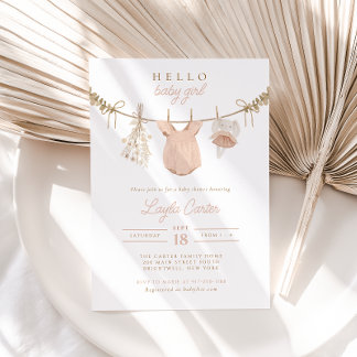 ベビーガールクローセスライン赤面ピンクボホベビーシャワー 招待状