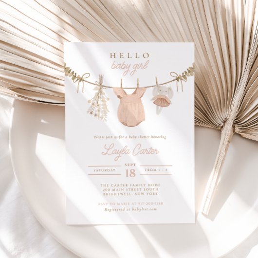 ベビーガールクローセスライン赤面ピンクボホベビーシャワー 招待状