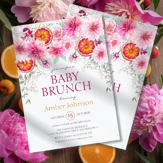 ベビーガールシトラスとピンクの花ベビーシャワー 招待状