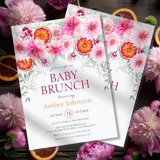 ベビーガールシトラスとピンクの花ベビーシャワー 招待状