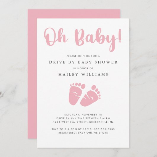 ベビーガールシャワーでドライブ |オベビーベビー足ピンク 招待状 (正面/裏面)