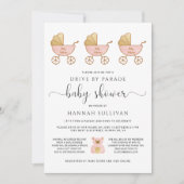 ベビーガールシャワーでドライブ |レトロ車用ピンク 招待状 (正面)