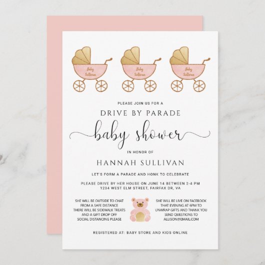 ベビーガールシャワーでドライブ |レトロ車用ピンク 招待状 (正面/裏面)
