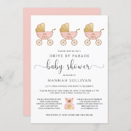 ベビーガールシャワーでドライブ |レトロ車用ピンク 招待状