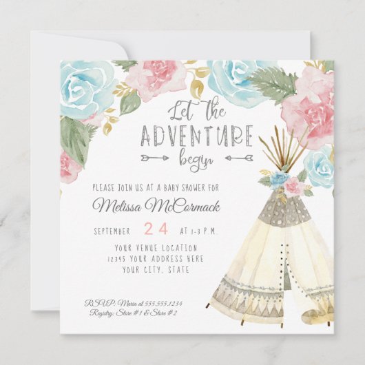 ベビーガールシャワーアドベンチャー開始ティーピーパステル 招待状 (正面)