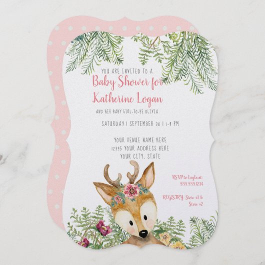 ベビーガールシャワーウッドランドアニマルズボホディアーフローラ 招待状 (正面/裏面)
