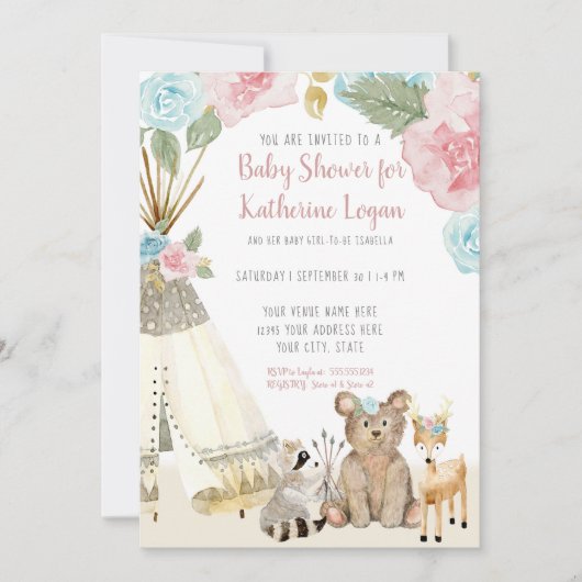 ベビーガールシャワーウッドランドベアーシカフローラテペ 招待状 (正面)