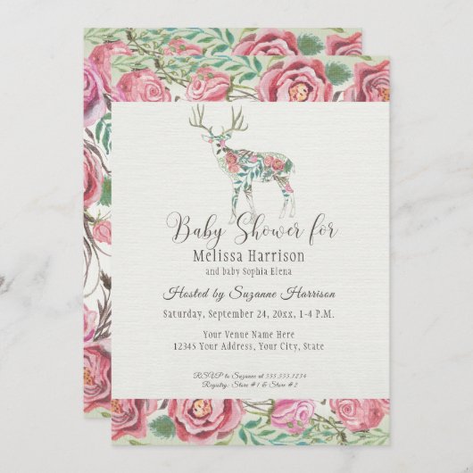 ベビーガールシャワーエレガントフローラバラ鹿〔雄ジカの〕枝角 招待状 (正面/裏面)