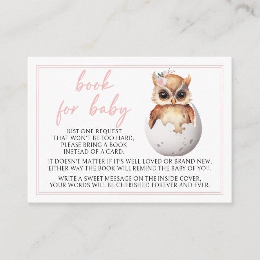 ベビーガールシャワーカード用かわいいピンクのフクロウの本 エンクロージャーカード (正面)