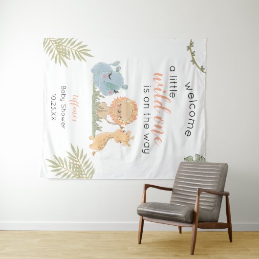 ベビーガールシャワーサファリ動物バックドランドサイン タペストリー (インサイチュ(横))