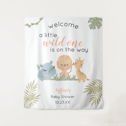 ベビーガールシャワーサファリ動物バックドランドサイン タペストリー (正面)
