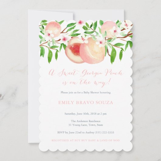 ベビーガールシャワースウィートジョージアかわいらしピーチ 招待状 (正面)