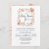 ベビーガールシャワーネイビー赤面ピンクウォーター色フローラ 招待状 (正面/裏面)