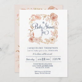 ベビーガールシャワーネイビー赤面ピンクウォーター色フローラ 招待状