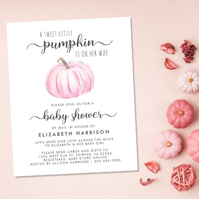 ベビーガールシャワーバイメールピンクカボチャ招待状 (Celebrate the upcoming arrival of your little autumn baby with a pumpkin-themed baby shower by mail)