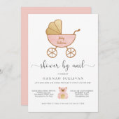 ベビーガールシャワーバイメールレトロキャリッジピンク金ゴールド 招待状 (正面/裏面)