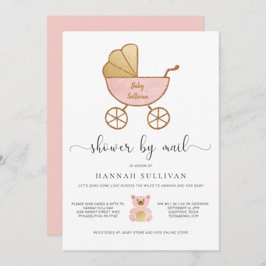 ベビーガールシャワーバイメールレトロキャリッジピンク金ゴールド 招待状 (正面/裏面)