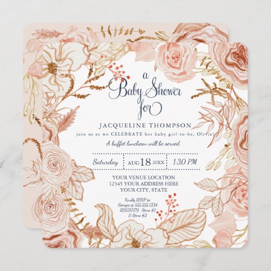 ベビーガールシャワーピンクの水彩フローラの葉 招待状 (正面/裏面)