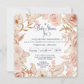 ベビーガールシャワーピンクの水彩フローラの葉 招待状 (正面)