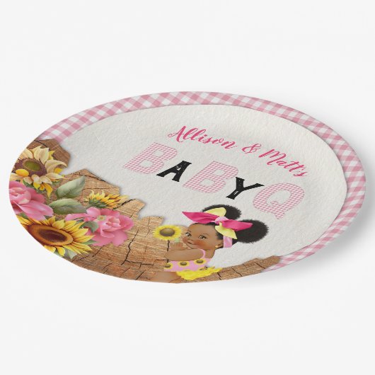 ベビーガールシャワーピンクひまわりベビーQバーベキュー ペーパープレート (アングル)