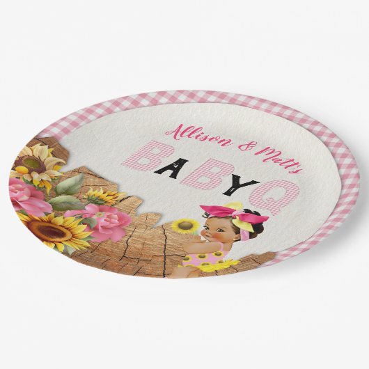 ベビーガールシャワーピンクひまわりベビーQバーベキュー ペーパープレート (アングル)