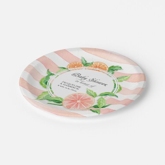ベビーガールシャワーピンクストライプのシトラスオレンジアート ペーパープレート (アングル)