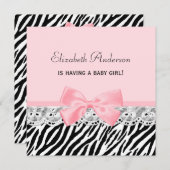 ベビーガールシャワーピンクリボンとレースゼブラプリント 招待状 (正面/裏面)