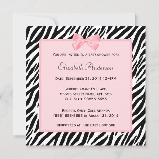 ベビーガールシャワーピンクリボンとレースゼブラプリント 招待状 (裏面)