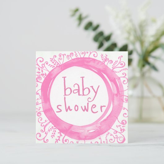 ベビーガールシャワーピンク水彩フローラリース 招待状 (スタンド正面)