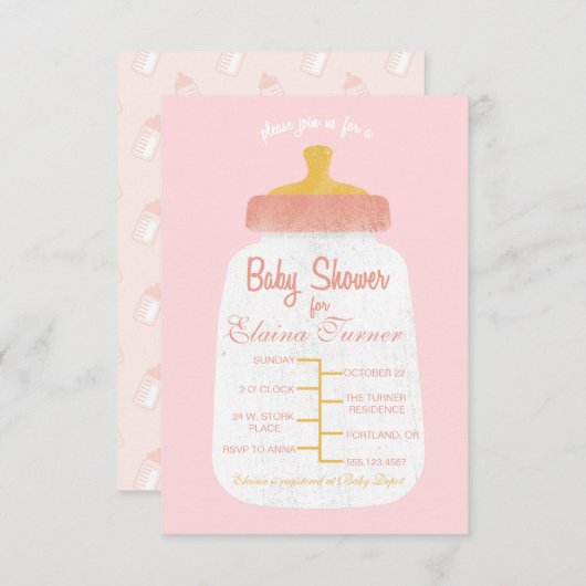 ベビーガールシャワーベビーボトル招待状 招待状 (正面/裏面)