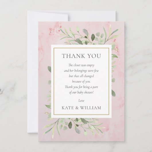 ベビーガールシャワーポエム 春の葉 緑 ピンク サンキューカード (正面)