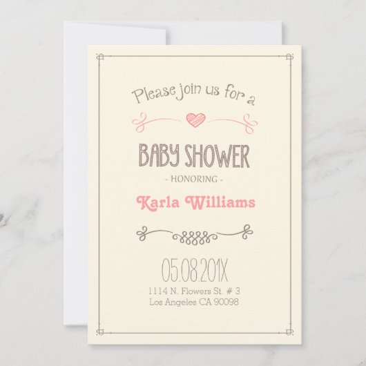 ベビーガールシャワーライトブラウン&ピンクハート 招待状 (正面)