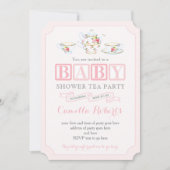 ベビーガールシャワーヴィンテージティーパーティー、ピンクとグレー 招待状 (正面)