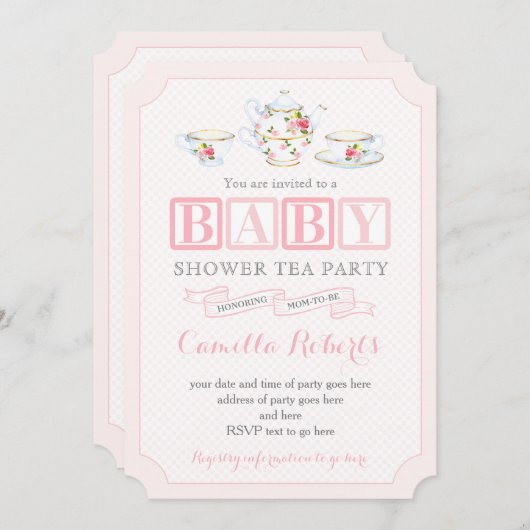ベビーガールシャワーヴィンテージティーパーティー、ピンクとグレー 招待状 (正面/裏面)