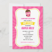 ベビーガールシャワー招待状(スーパーヒーロー)ピンク 招待状 (正面)