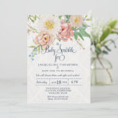 ベビーガールシャワー水彩赤面nホワイトフローラ 招待状 (スタンド正面)