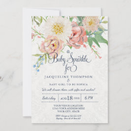 ベビーガールシャワー水彩赤面nホワイトフローラ 招待状